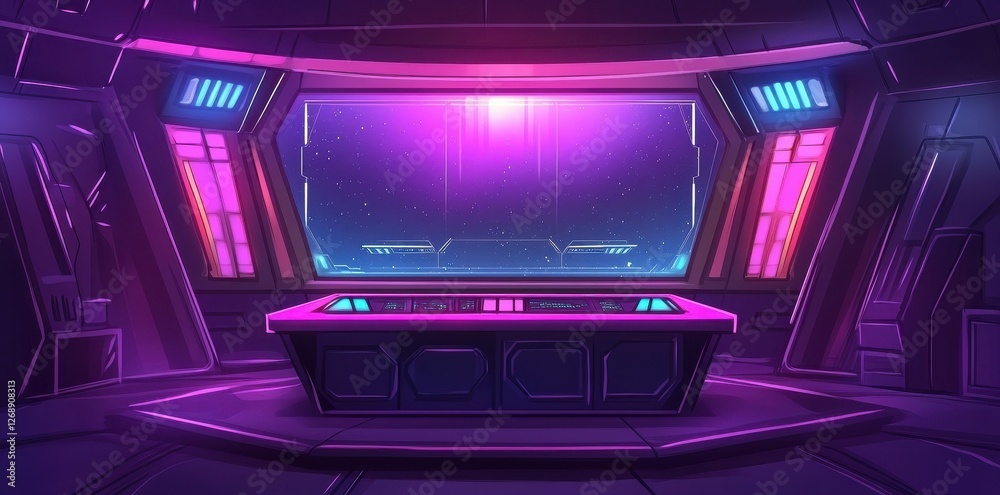 Futuristic spaceship control room illuminated by neon light Futuristic spaceship control room illuminated by neon light