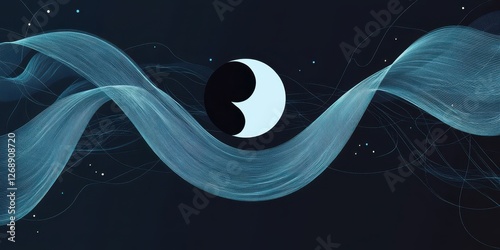 Abstract design featuring stylized moon and flowing blue lines