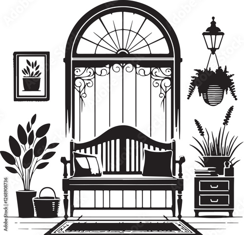 Black Color Entryway Bench Silhouette Vector Illustration design, Solid White Background