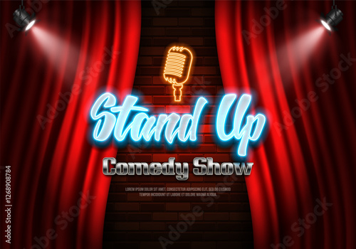 Bright Stand Up sign on red curtain background illuminated by spotlights. Vector illustration.