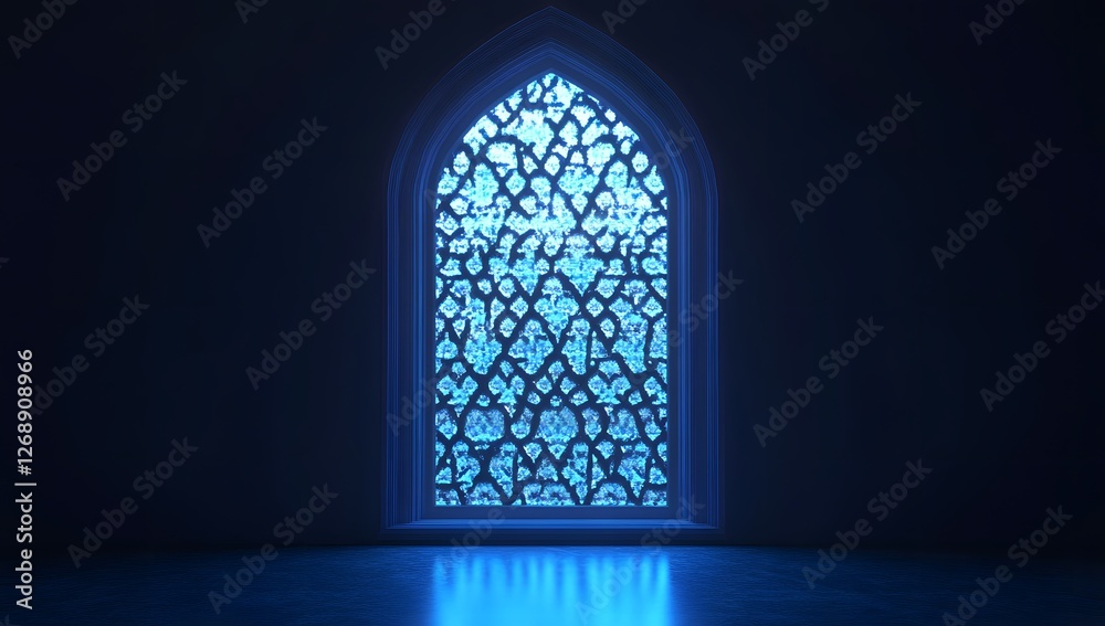 A Serene Blue Light Illuminates an Intricately Designed Gothic-Style Islamic Window in a Dark Room A Serene Blue Light Illuminates an Intricately Designed Gothic-Style Islamic Window in a Dark Room