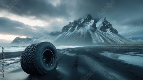 Large tire on black sand beach with dramatic mountain backdrop at sunset.