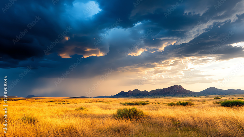 A breathtaking view of golden grasslands stretching towards majestic mountains under a dramatic sky filled with dark clouds and vibrant hues, perfect for nature lovers and traveler A breathtaking view of golden grasslands stretching towards majestic mountains under a dramatic sky filled with dark clouds and vibrant hues, perfect for nature lovers and traveler