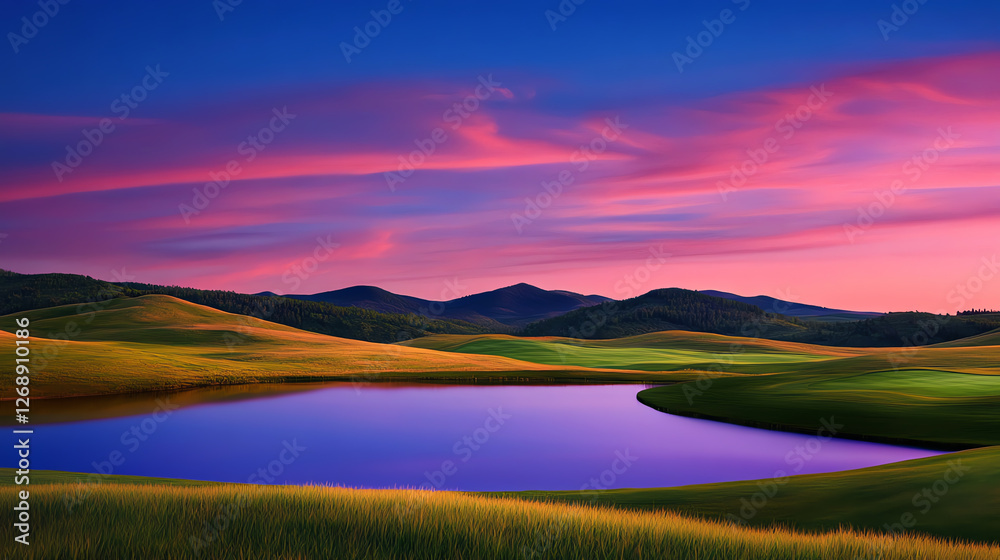 A breathtaking view of rolling hills and a serene lake reflects the vibrant colors of a sunset, creating a peaceful atmosphere A breathtaking view of rolling hills and a serene lake reflects the vibrant colors of a sunset, creating a peaceful atmosphere