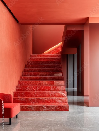 Red Marble Staircase Interior Design - Modern red marble staircase in a minimalist red interior. Luxury home design photo