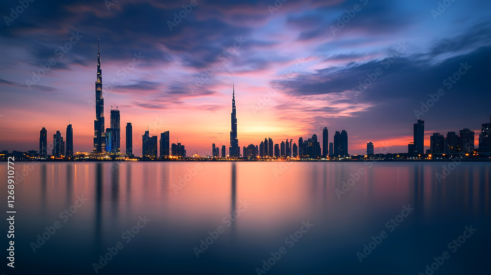 Fototapeta premium cityscape of modern skyscrapers and iconic towers reflecting on the calm waters at the golden hour