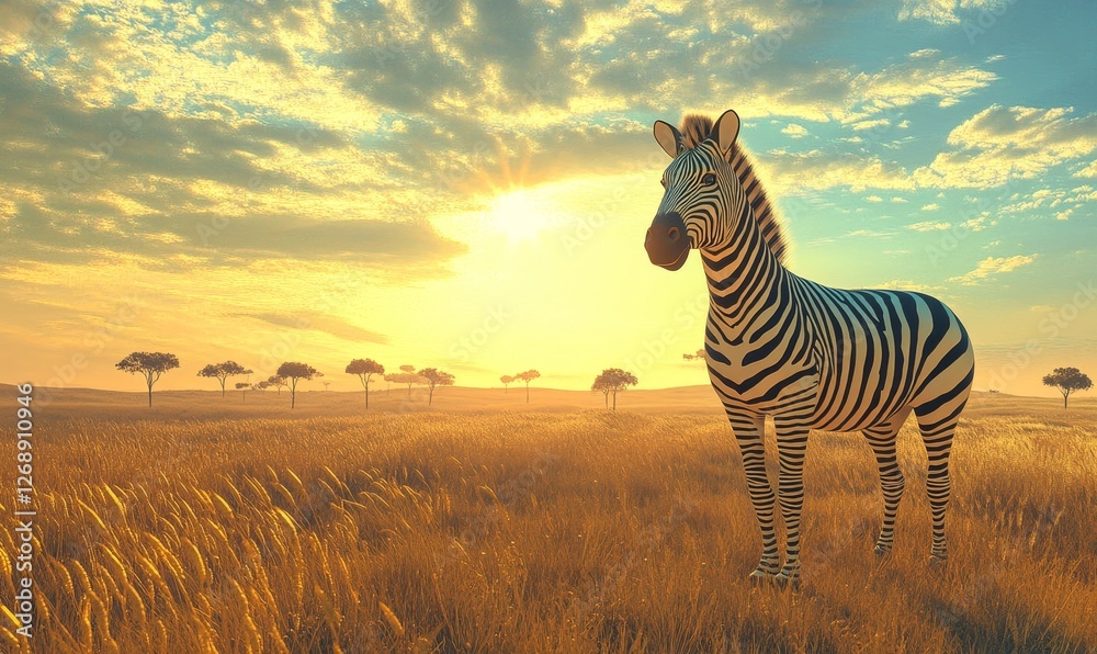 Naklejka premium Zebra standing in golden savanna sunlight.