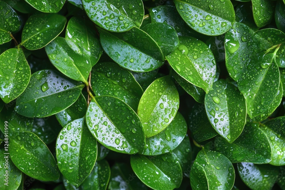 Naklejka premium Vibrant Green Leaves with Fresh Water Droplets Capturing Nature's Beauty