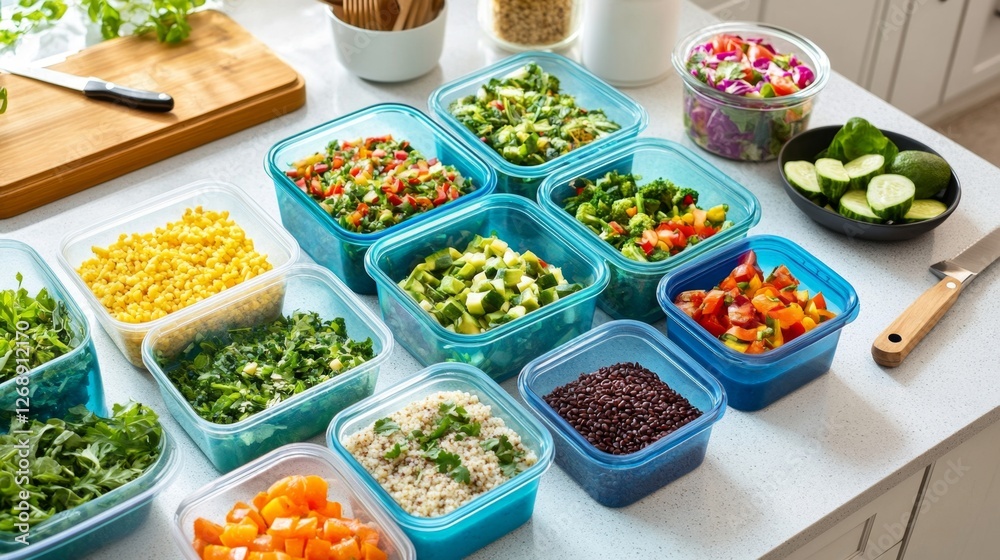 A variety of meal prep containers, some with colorful salads and others with cooked grains, arranged on a kitchen table with a cutting board and knife nearby A variety of meal prep containers, some with colorful salads and others with cooked grains, arranged on a kitchen table with a cutting board and knife nearby
