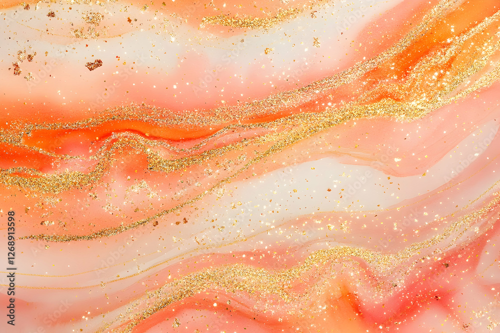 Fototapeta premium Peach watercolor background with gold glitter and white space for text