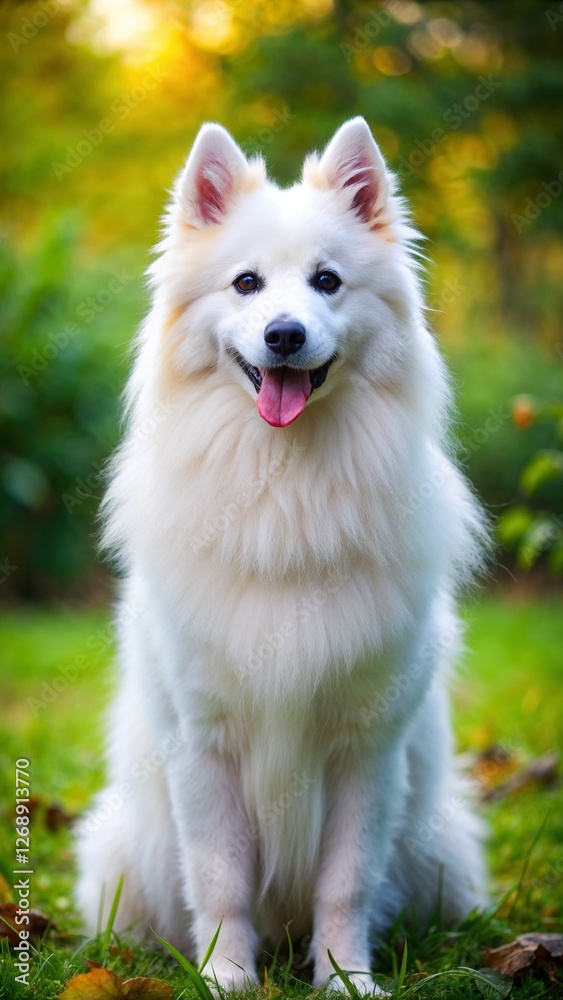 Happy Samoyed dog sitting on grass in sunny garden background Happy Samoyed dog sitting on grass in sunny garden background