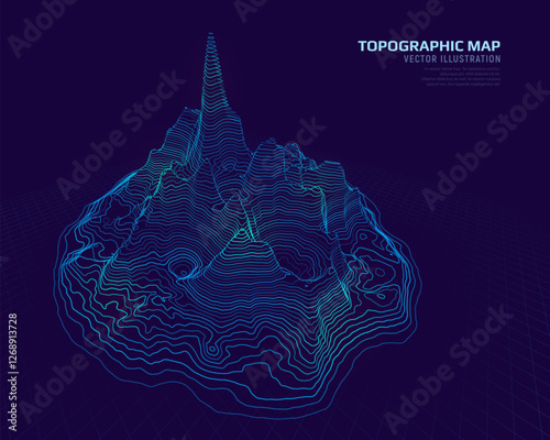 3D topographic map. Geographic contour map with elevation lines. Detailed terrain visualization concept. Vector illustration of landscape elevations and natural relief.