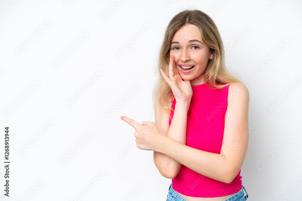 Blonde English young girl isolated on white background pointing to the side to present a product and whispering something Blonde English young girl isolated on white background pointing to the side to present a product and whispering something