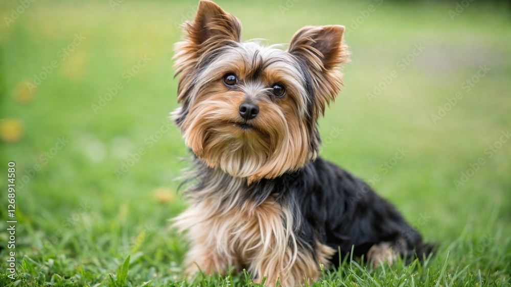 Adorable Yorkshire Terrier sitting on the grass with a curious expression
