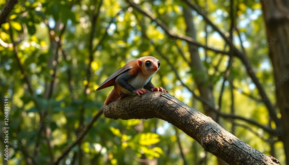 Fototapeta premium Adorable Fictional Creature Perched on a Branch in a Lush Forest