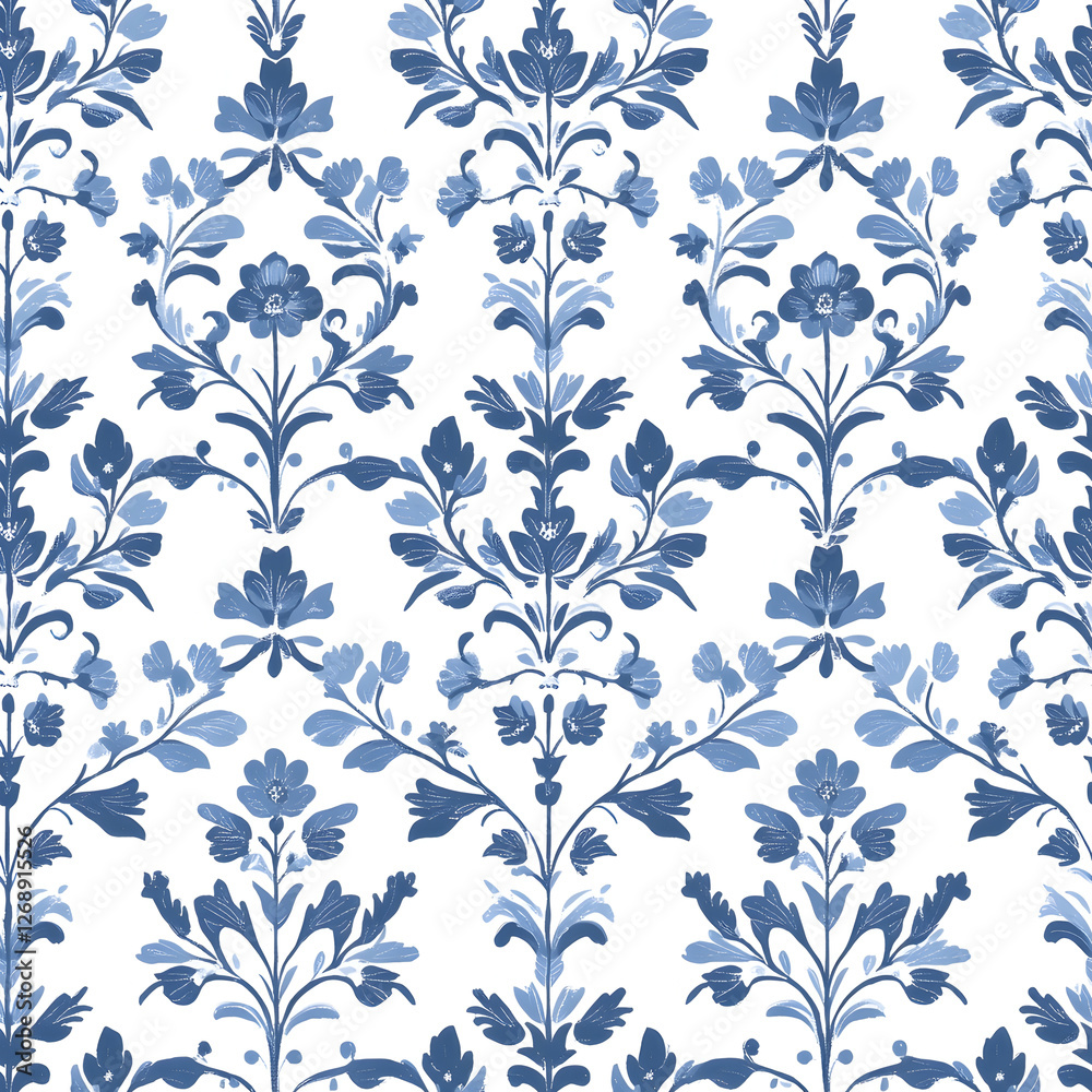 Fototapeta premium Vintage Seamless Blue and White Floral Damask Pattern with Elegant Botanical Details for Textile and Wallpaper Design