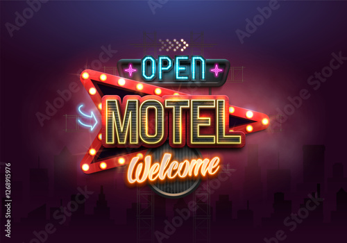 Shining retro neon sign Motel with an arrow. Vintage billboard with neon lights. Vector illustration.