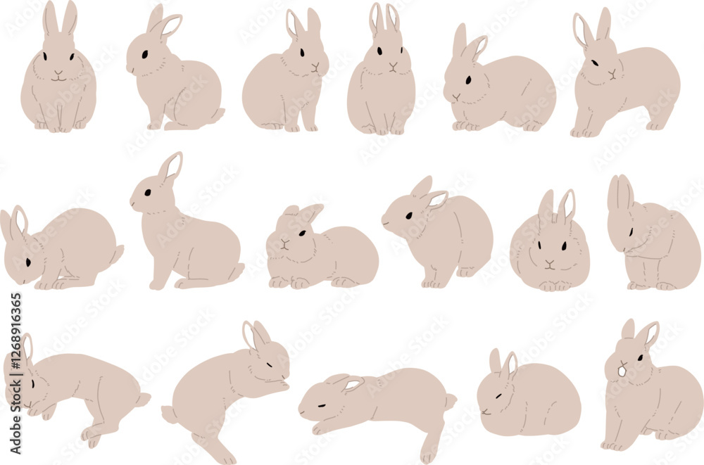 Fototapeta premium 様々なポーズの茶色いうさぎのイラストセット