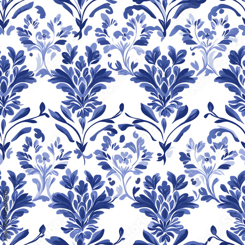 Timeless Blue and White Seamless Floral Damask Pattern with Ornamental Botanical Motifs for Textile and Home Décor