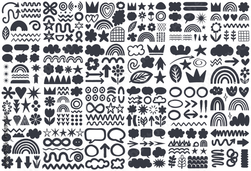 Vector set of hand-drawn fun doodles, rainbows, shapes, flowers