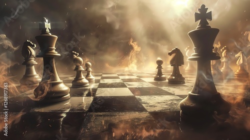 3D rendering of a chessboard with pieces on fire. The concept of strategy, competition, and risk.