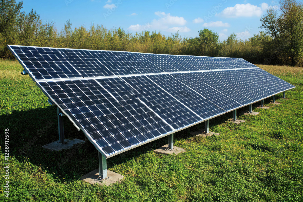 Ground Mounted Solar Panel Array in a Green Field under a Blue Sky Ground Mounted Solar Panel Array in a Green Field under a Blue Sky