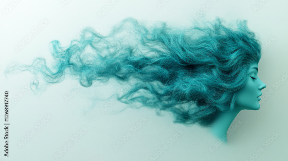 Fototapeta premium A conceptual piece featuring teal hair forming fluid, wave-like shapes extending off-frame to