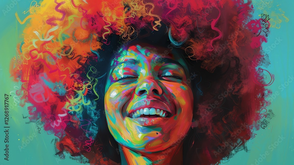 Fototapeta premium A beautiful woman with bright, colorful hair smiles happily. Her eyes are closed and she has a carefree expression on her face.