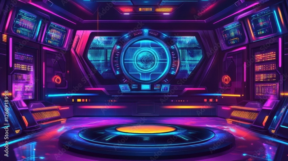 Fototapeta premium Futuristic spacecraft command center with glowing panels and platform