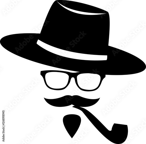 Silhouette of man with mustache wearing hat and smoking pipe