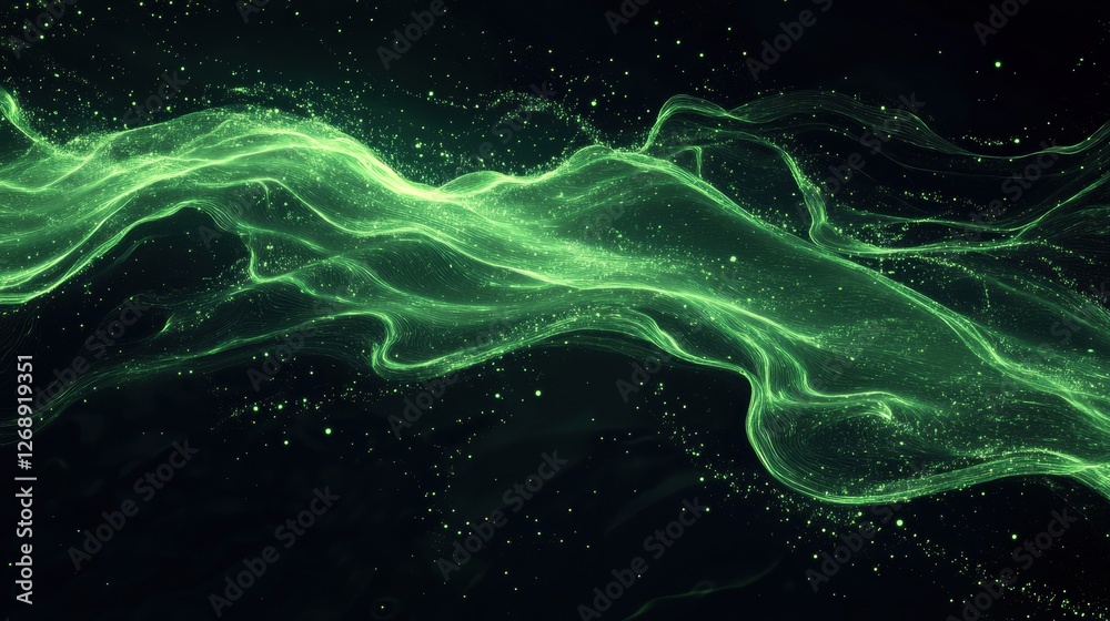Flowing green energy with sparkling particles in a dark cosmic environment creates a mesmerizing visual experience. Generative AI Flowing green energy with sparkling particles in a dark cosmic environment creates a mesmerizing visual experience. Generative AI