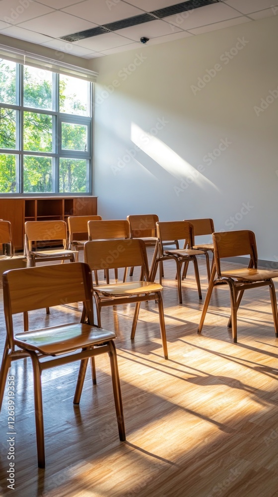 A bright classroom with wooden chairs arranged, illuminated by sunlight through large windows. A bright classroom with wooden chairs arranged, illuminated by sunlight through large windows.
