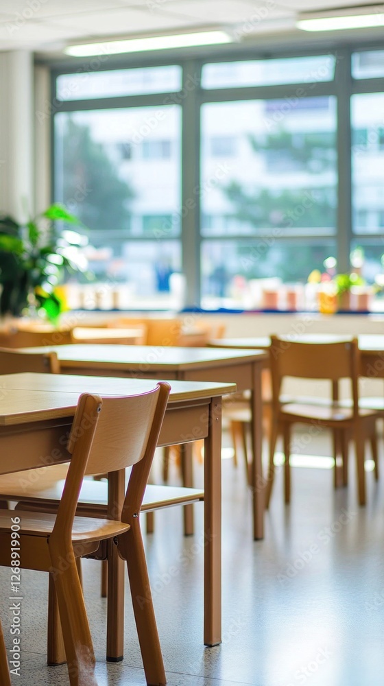 A bright classroom with wooden tables and chairs, designed for learning and collaboration. A bright classroom with wooden tables and chairs, designed for learning and collaboration.