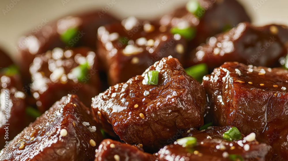 A sharp close-up of sizzling beef pieces glazed with rich sauce, sprinkled with sea salt and cracked pepper, minimalist pale beige background A sharp close-up of sizzling beef pieces glazed with rich sauce, sprinkled with sea salt and cracked pepper, minimalist pale beige background