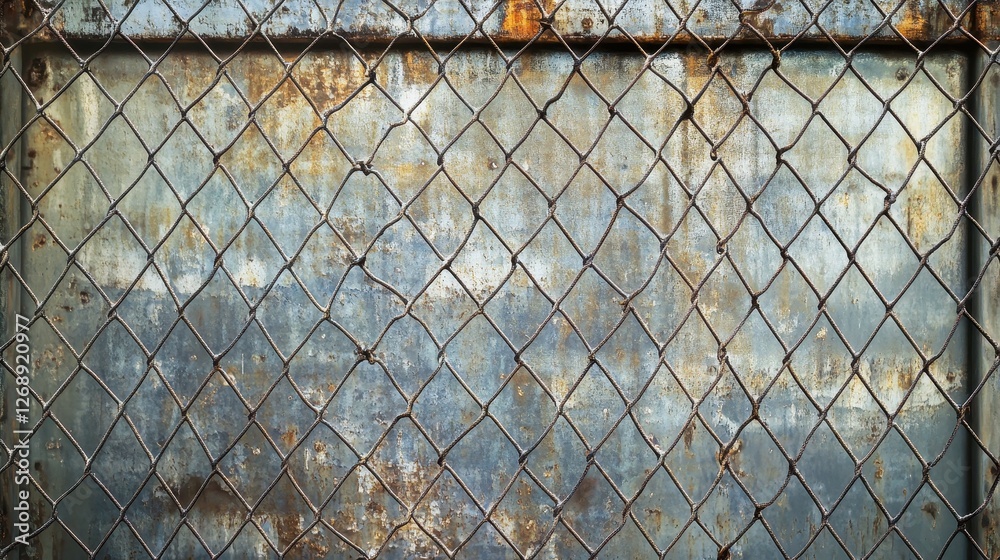 Fototapeta premium Rusty Metal Wall Behind Chain Link Fence with Textured Surface