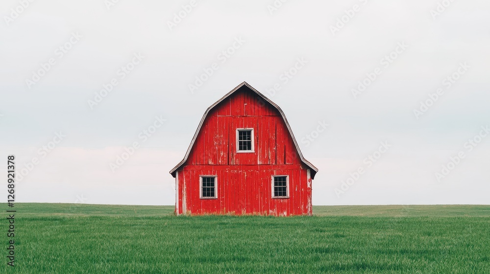 Obraz premium Abandoned House in Countryside Concept, Charming Old Barn-Style House with Peeling Red Paint in a Wide Green Field Under a Soft Sky