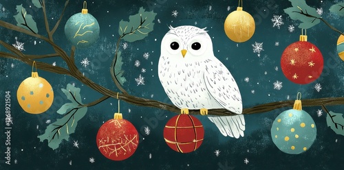 A whimsical white owl perches on a branch with ornaments