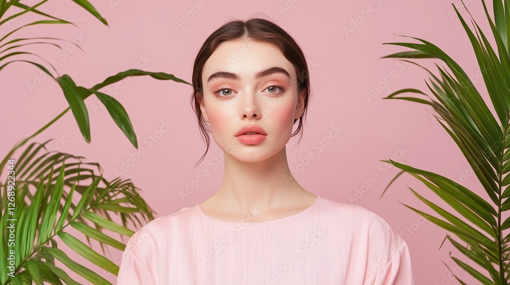 Pink Paradise: A young woman with flawless makeup and a serene expression gazes directly at the camera, framed by lush tropical foliage against a soft pink backdrop. Pink Paradise: A young woman with flawless makeup and a serene expression gazes directly at the camera, framed by lush tropical foliage against a soft pink backdrop.