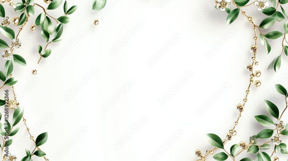 Fototapeta premium Delicate floral frame with golden accents on white background