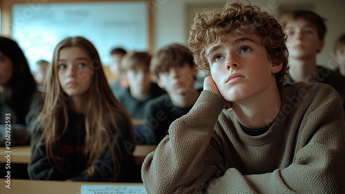A group of students sits attentively in a classroom, listening to a lesson. Some appear curious while others seem lost in thought