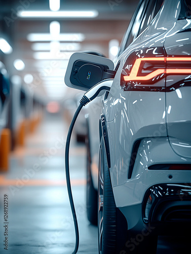 A white electric vehicle is plugged into a charging station in a well-lit, contemporary parking garage.