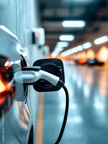 A white electric vehicle is plugged into a charging station in a well-lit, contemporary parking garage.