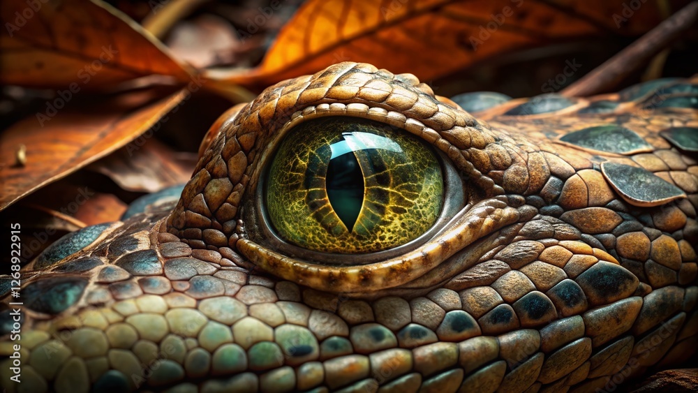Fototapeta premium False Gharial Eye Closeup - Camouflaged in Dry Leaves, Indonesian Freshwater Crocodile