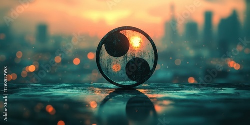 Symbol of mitsudomoe reflected on a wet surface in city photo