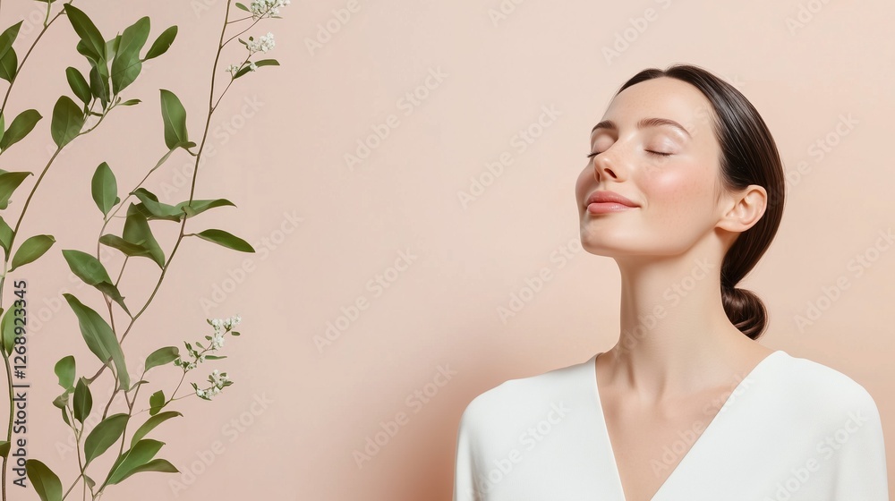 Serenity and Renewal: A radiant woman with closed eyes, sinks into a state of calm contentment against a backdrop of lush greenery. Her serene expression evokes a sense of tranquility. Serenity and Renewal: A radiant woman with closed eyes, sinks into a state of calm contentment against a backdrop of lush greenery. Her serene expression evokes a sense of tranquility.