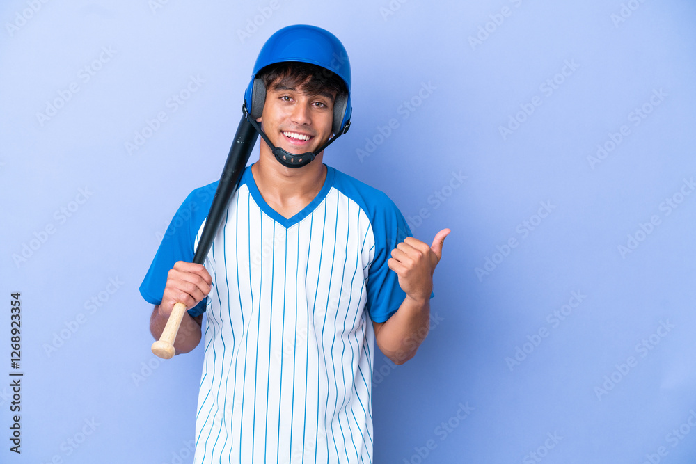 Baseball caucasian man player with helmet and bat isolated on blue background pointing to the side to present a product Baseball caucasian man player with helmet and bat isolated on blue background pointing to the side to present a product