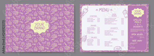 Menu template for restaurant and cafe. Restaurant and cafe identity. Design template with food pattern for print. Vector illustration.