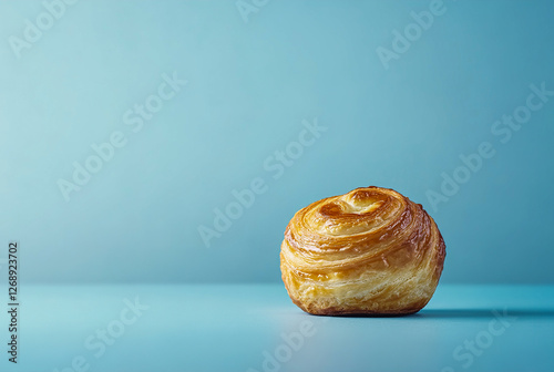 Golden Pain au Chocolat on Pastel Blue Background – Bright & Elegant