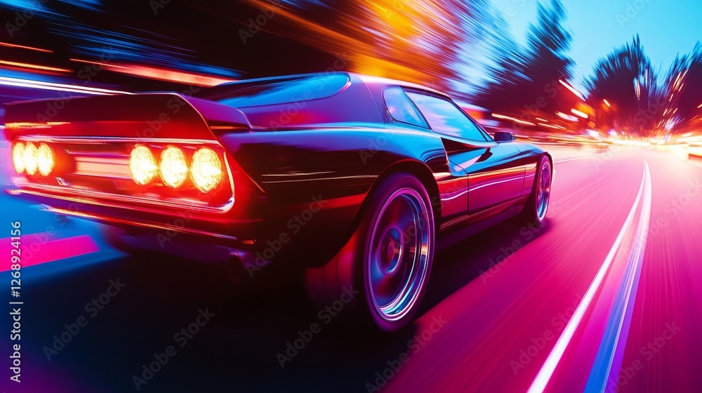 Dynamic night scene of a sleek sports car racing through illuminated city streets Dynamic night scene of a sleek sports car racing through illuminated city streets
