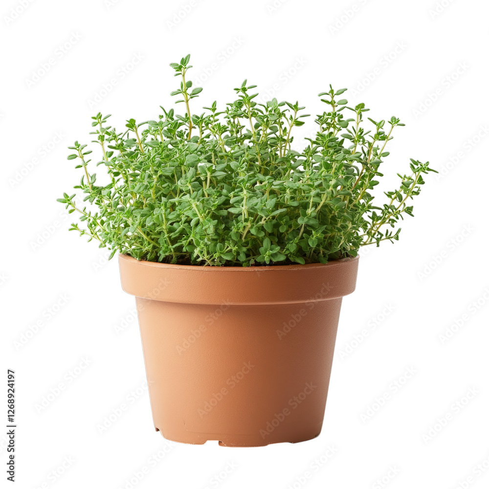 Lush green thyme plant in terracotta pot with vibrant leaves Lush green thyme plant in terracotta pot with vibrant leaves